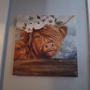 Highland Cow Canvas Wall Art with Floral Crown